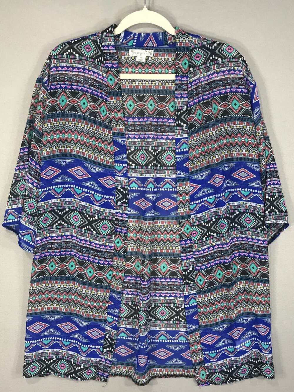 Knit Works Cover Up Women's Large Plus (16.5) Blue Aztec Open Front Sheer Swim